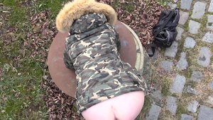 Shaved brunette Victoria Bellisima POV balls licking outdoors